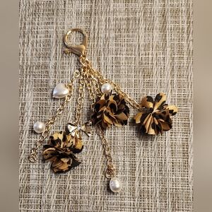 Gold-Tone Floral Leopard Print Charm Keychain with Pearls